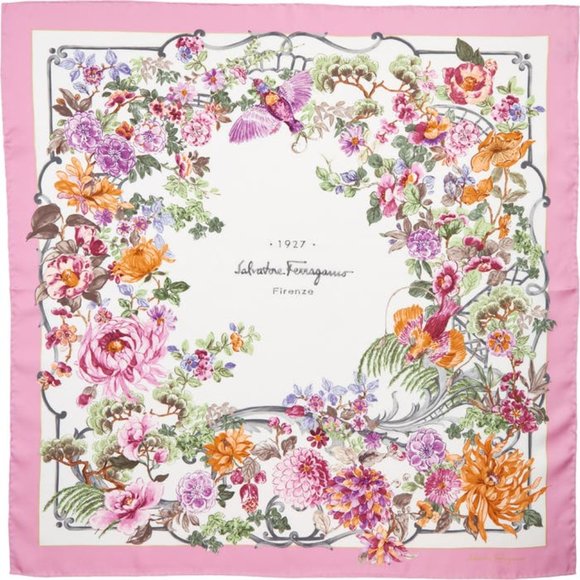 Salvatore Ferragamo Ceramica Print Silk Square Scarf Avorio Rose - Picture 1 of 10